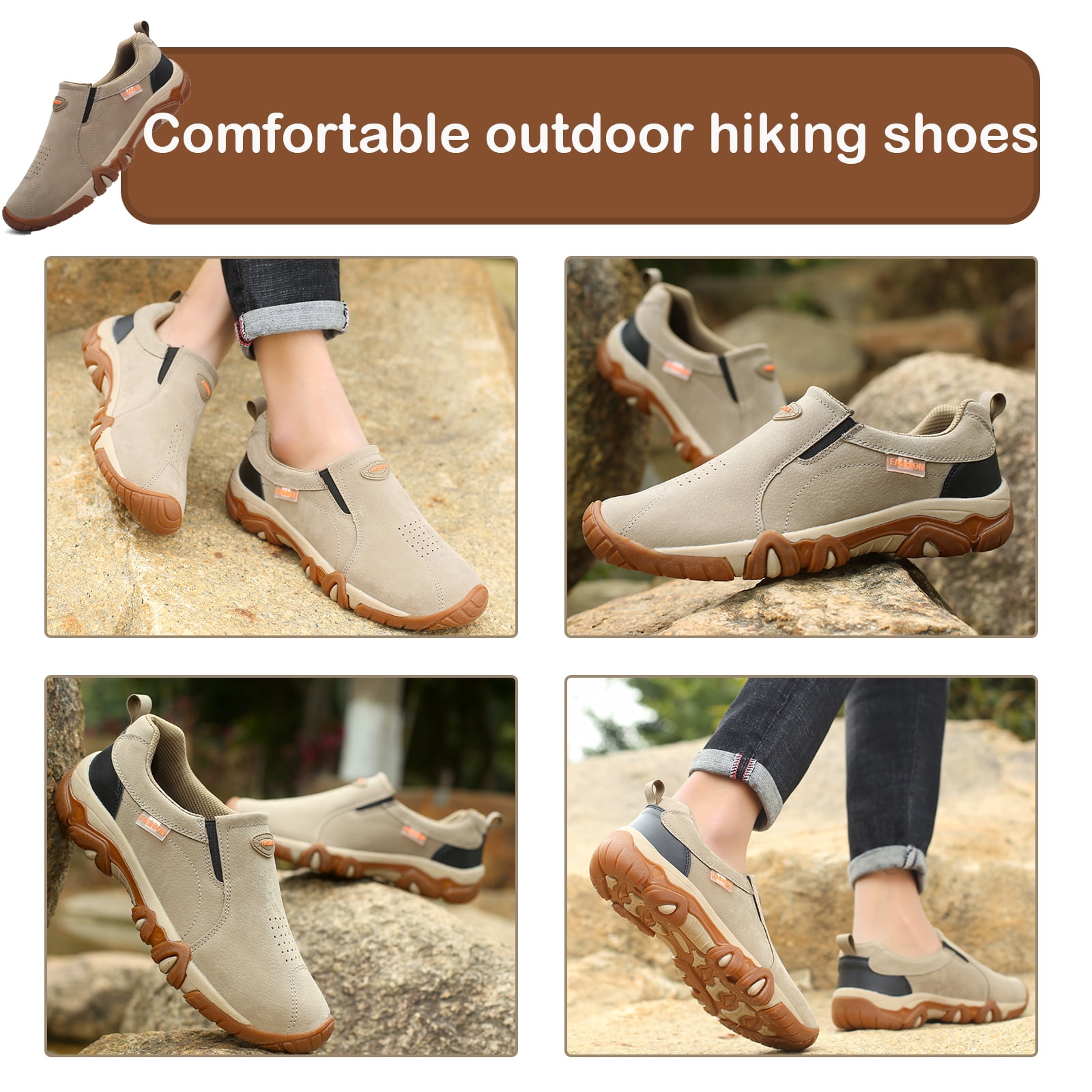 Hiking Shoes for Men Laceless Suede Breathable Slip Resistant Boots Lightweight Sneakers for Outdoor Walking Trekking Trail
