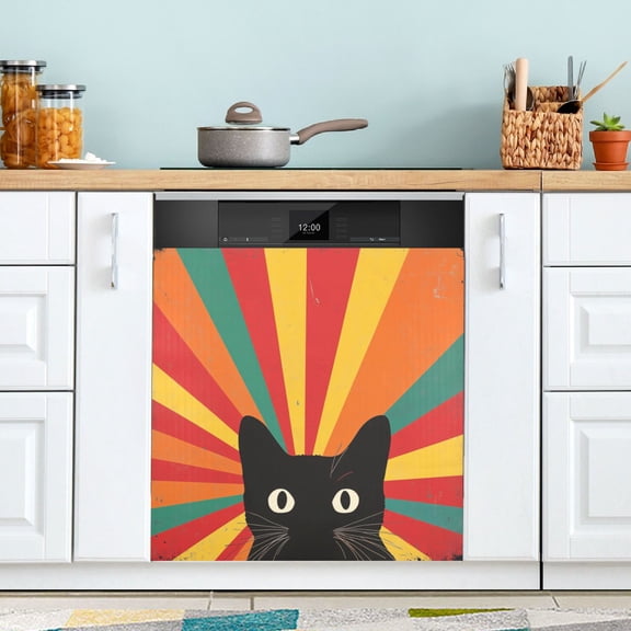 Yayeee Magnetic Dishwasher Cover for The Front Decoration Home Kitchen Machine Sticker Protector, Black Cat
