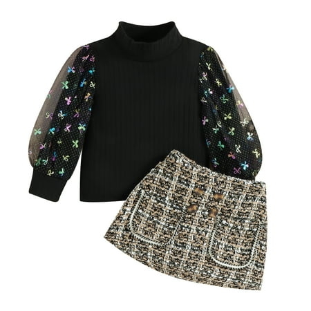 

HESHENG Toddler Baby Girls Clothes Puff Sleeve Knitted Sweater Pullover Tops + Plaid A-Line Skirt Outfits 5-6Y(130)