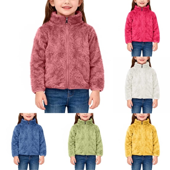 PIWHJQK Boys Girls Long Sleeve Hoodless Leisure Coat Kids Solid Zip Up Fleece Warm Long Sleeve Hoodless Jacket Kids Coat