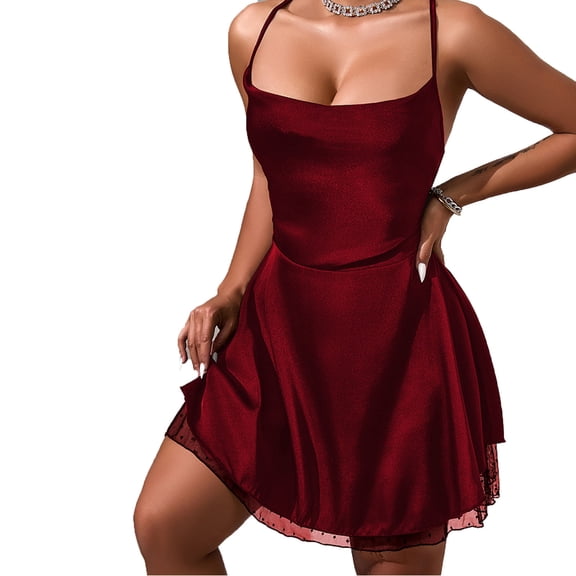 QSAWXQZ Women's Satin Slip Dress Lace Trim Hem Spaghetti Strap Sleeveless Scoop Neck Tie Low Back Bodycon Mini Dress Night Out Party Cocktail Clubwear S
