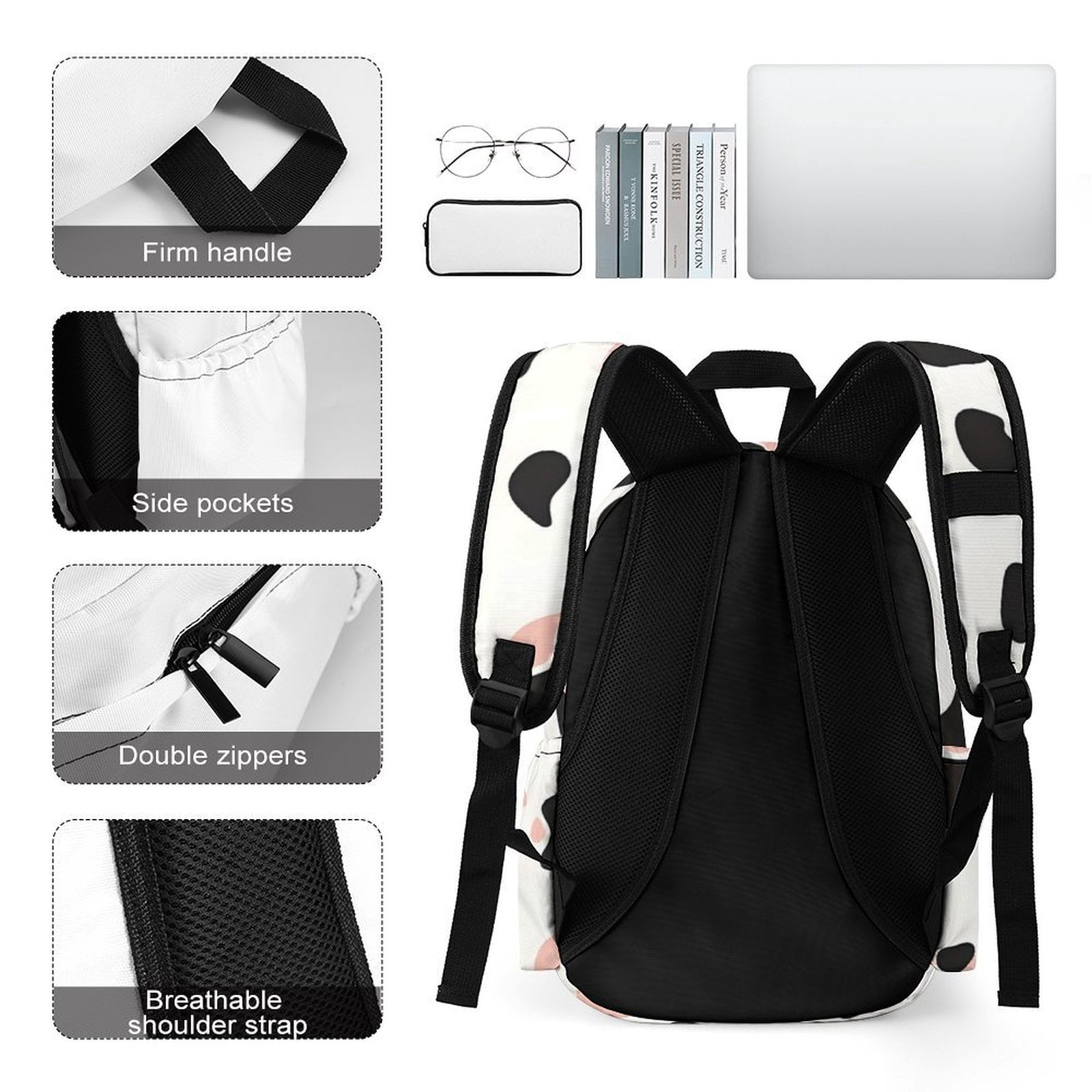 Large Capacity Half Print Backpack 11.8×16.5×5.9in Multifunctional Zipper Design Convenient Switch Simple Cow Print Pattern White Background, Pink And White_2