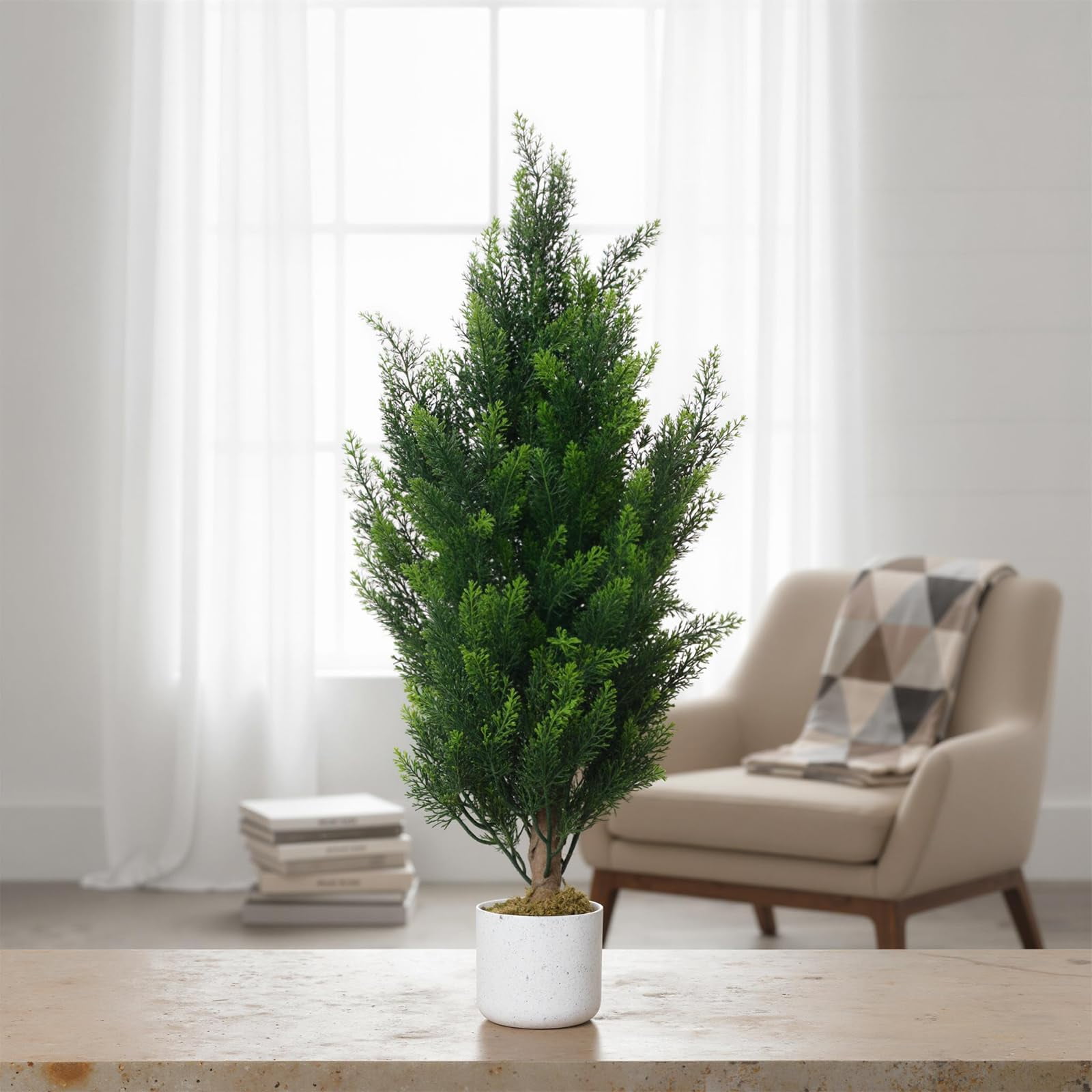 Artificial Cedar Topiary Tree 3FT Set of 2, Outdoor Faux Evergreen Pine Shrubs, Realistic Fake Plants Front Porch Decor, Potted Fake Bushes Cypress Trees UV Resistant for Home Front Door