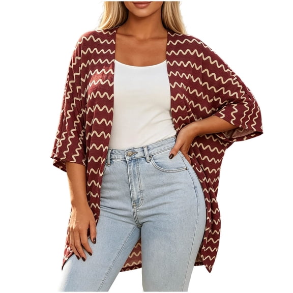 Cmfcve Womens Plus Size Kimono Cardigans Striped Open Front 3/4 Sleeve Shirts Lightweight Casual Cover Up Tops