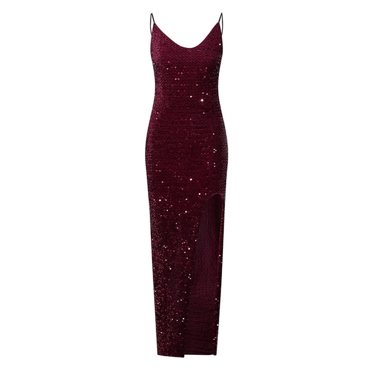 XFLWAM Women's Sexy V Neck Bodycon Sequin Gown Evening Dress with Slit  Elegant Wedding Guest Cocktail Dresses Red XXL - Walmart.com