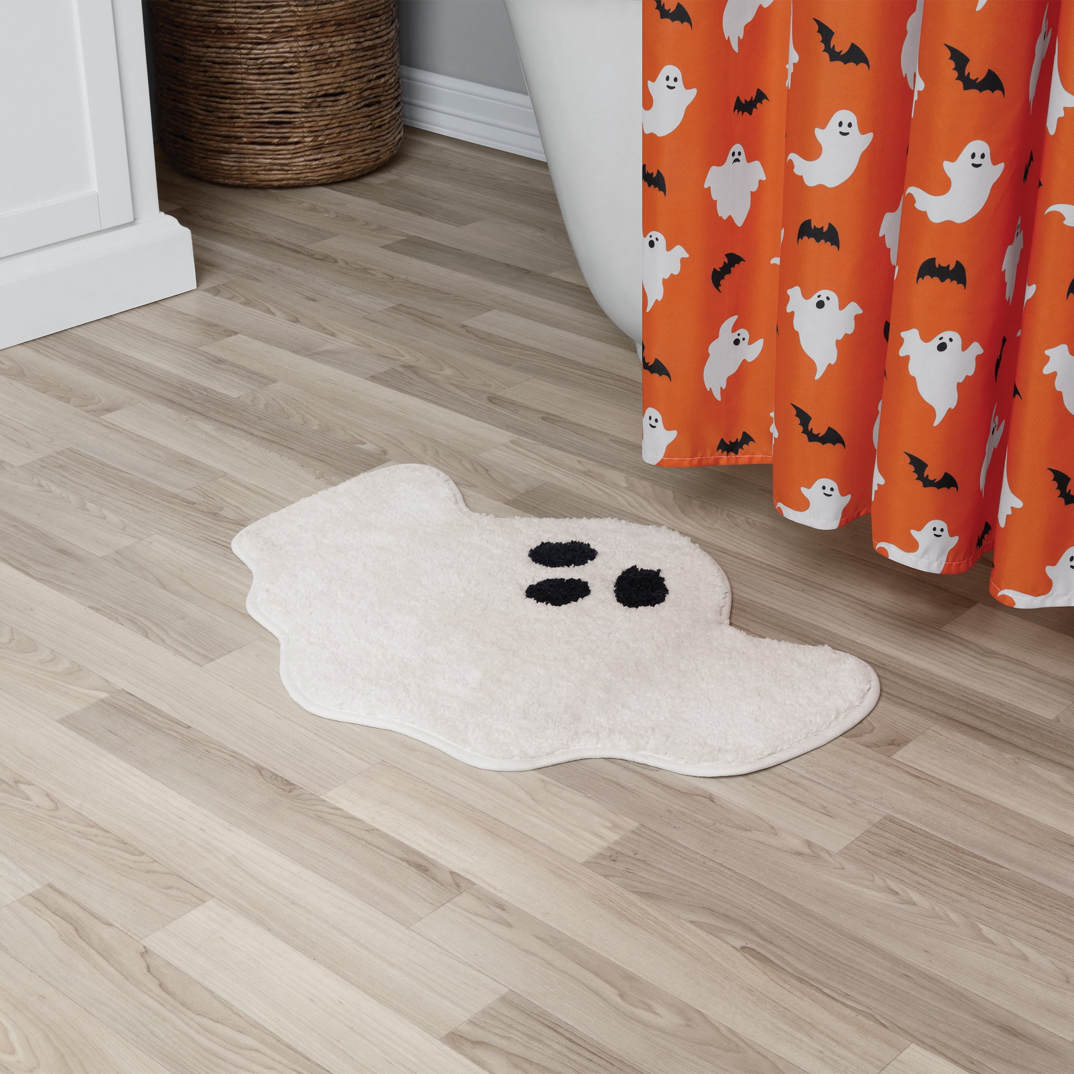 Way to Celebrate! White/Black Ghost Shaped Bath Rug, 17" x 24"
