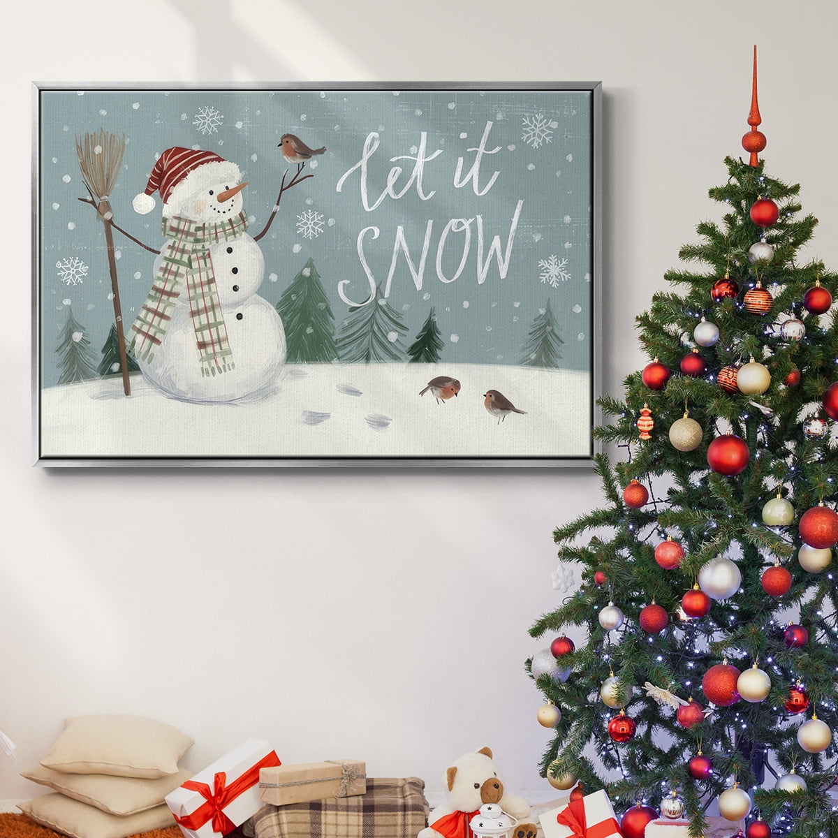 Jolly Snowman Collection A - Framed Gallery Wrapped Holiday Canvas - 27 x 41 - Silver Frame