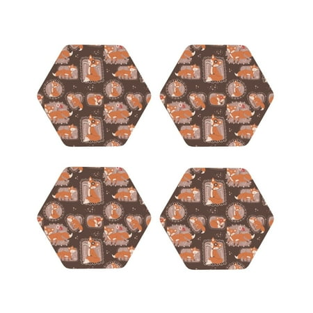 

Fuzoiu Beautiful Fox Print Leather Coasters Set Drink Coasters Set of 4 for Tabletop Protection Durable PVC Coasters Home Décor and Housewarming Gift-Hexagon