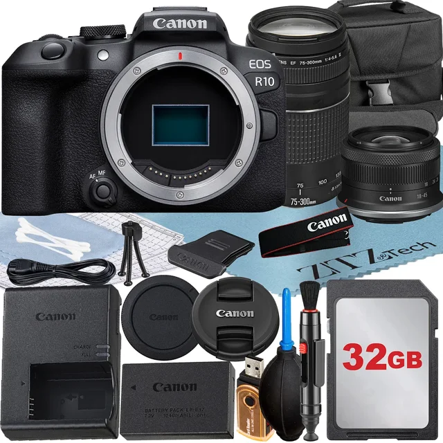 Canon EOS R10 Mirrorless Camera with RF-S 18-45mm + EF 75-300mm Lens + 32GB Memory Card + Case + ZeeTech Accessory Bundle