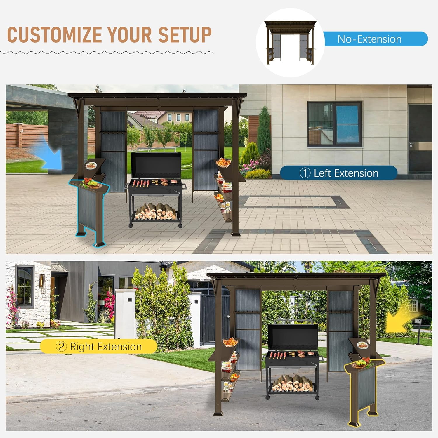 Domi 9x10 ft Hardtop Grill Gazebo, Metal BBQ Gazebo with Shelves and Side Platforms, Heavy-Duty Grill Canopy with Sloped Roof for Patio & Backyard, Brown