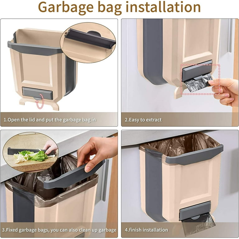 Hanging Trash Can for Kitchen Cabinet Door Folding Waste Bin Portable Collapsible  Garbage Can Plastic for Kitchen Bathroom Living Room Car Outdoor Travel  (Brown) 