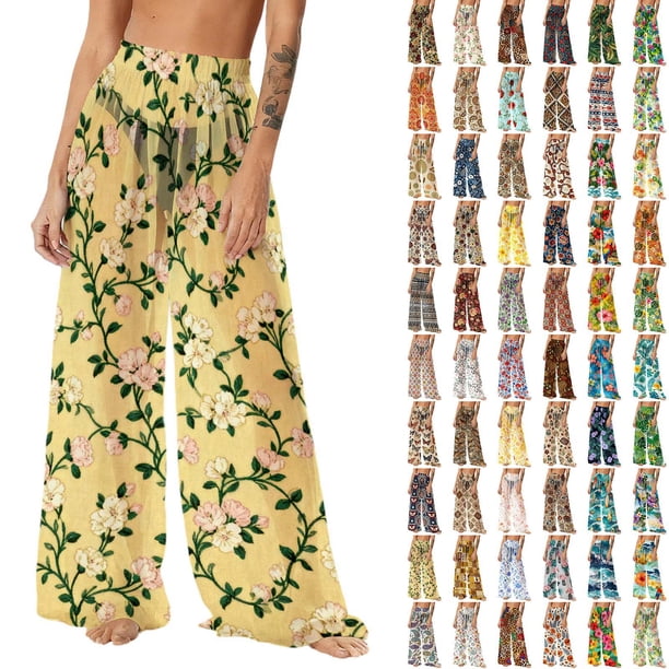 Pincandy Women See Through Sheer Mesh Pants Beach Swimsuit Bikini Bottom Cover up Party Club Elastic High Waist Wide Leg Pants