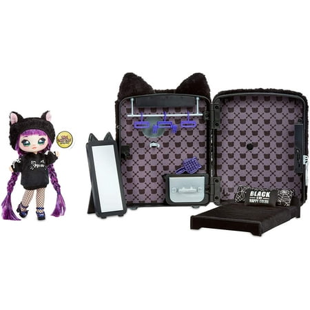 Na Na Na Surprise 3-in-1 Backpack Bedroom Playset With Fashion Doll Tuesday Meow In Exclusive Outfit | Black Fuzzy Kitty Bag, Real Mirror, Closet with Drawer, Pillows, Blanket