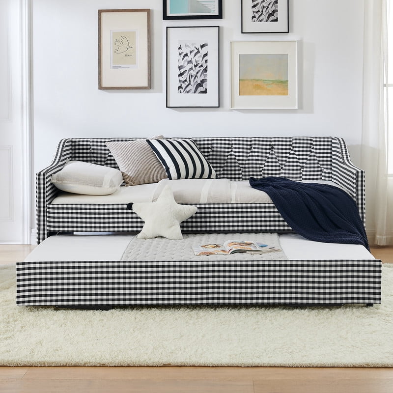 Twin Size Daybed with Pop Up Trundle, Gingham Upholstered Daybed Frame with Tufted Button Backrest and Side Storage Pocket, Modern Sofa Bed for Living Room Bedroom
