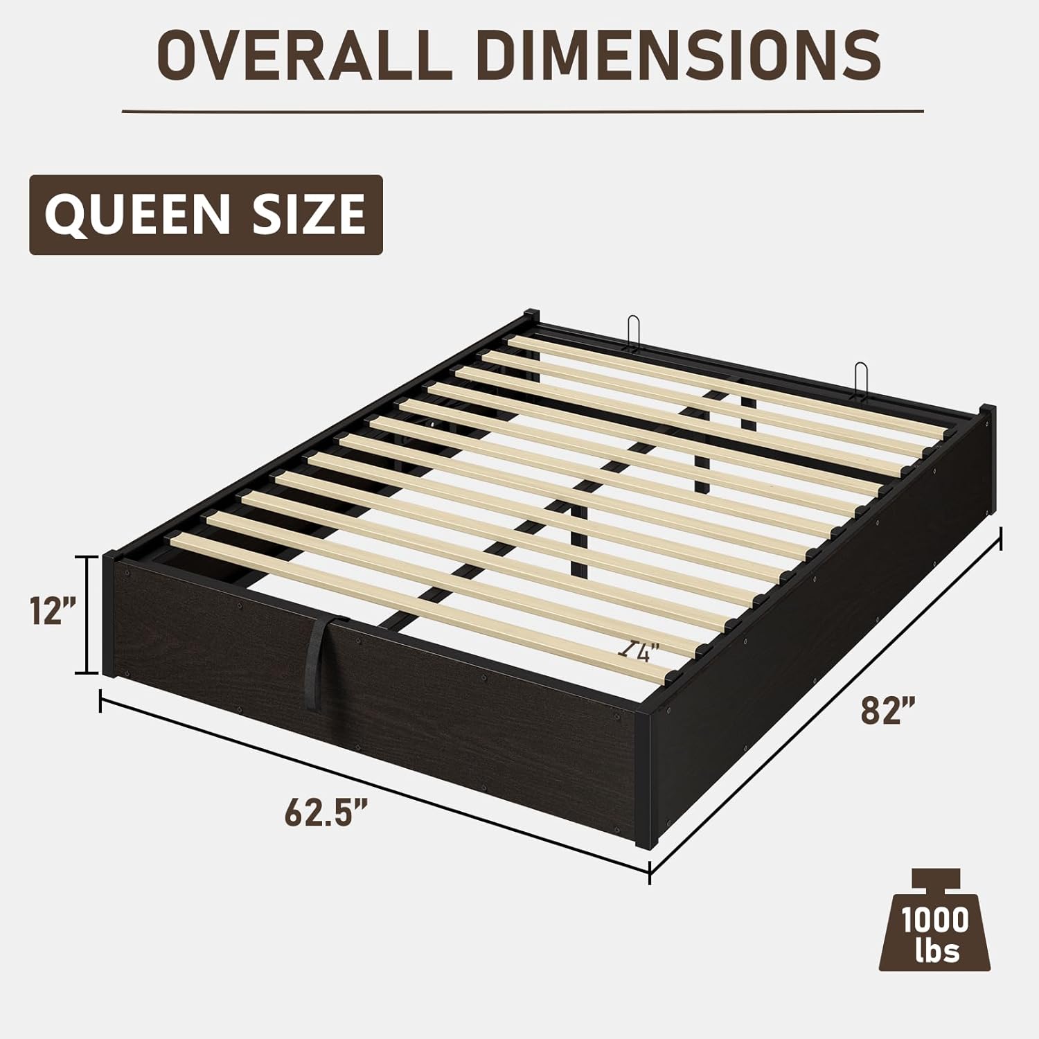 VanAcc Queen Size Lift Up Storage Platform Bed Frame, Metal Bed Frame with Wooden Slats Support, Large Storage Space, Noise Free, Easy Assembly, Black