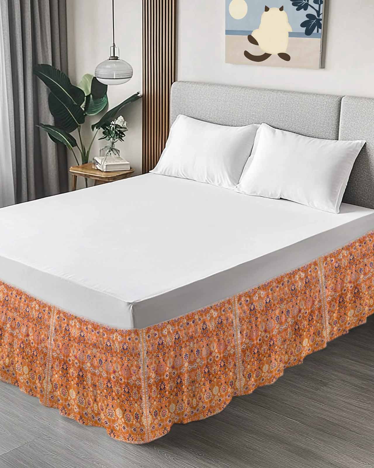 Boho Orange Wrap Around Bed Skirts for King Bed 18" Drop,Bed Skirt with Adjustable Elastic Belt Dust Ruffle Bed Valance for Bedroom Hotel Country Style Bohemian Floral Retro Tribal Bed Frame Cover