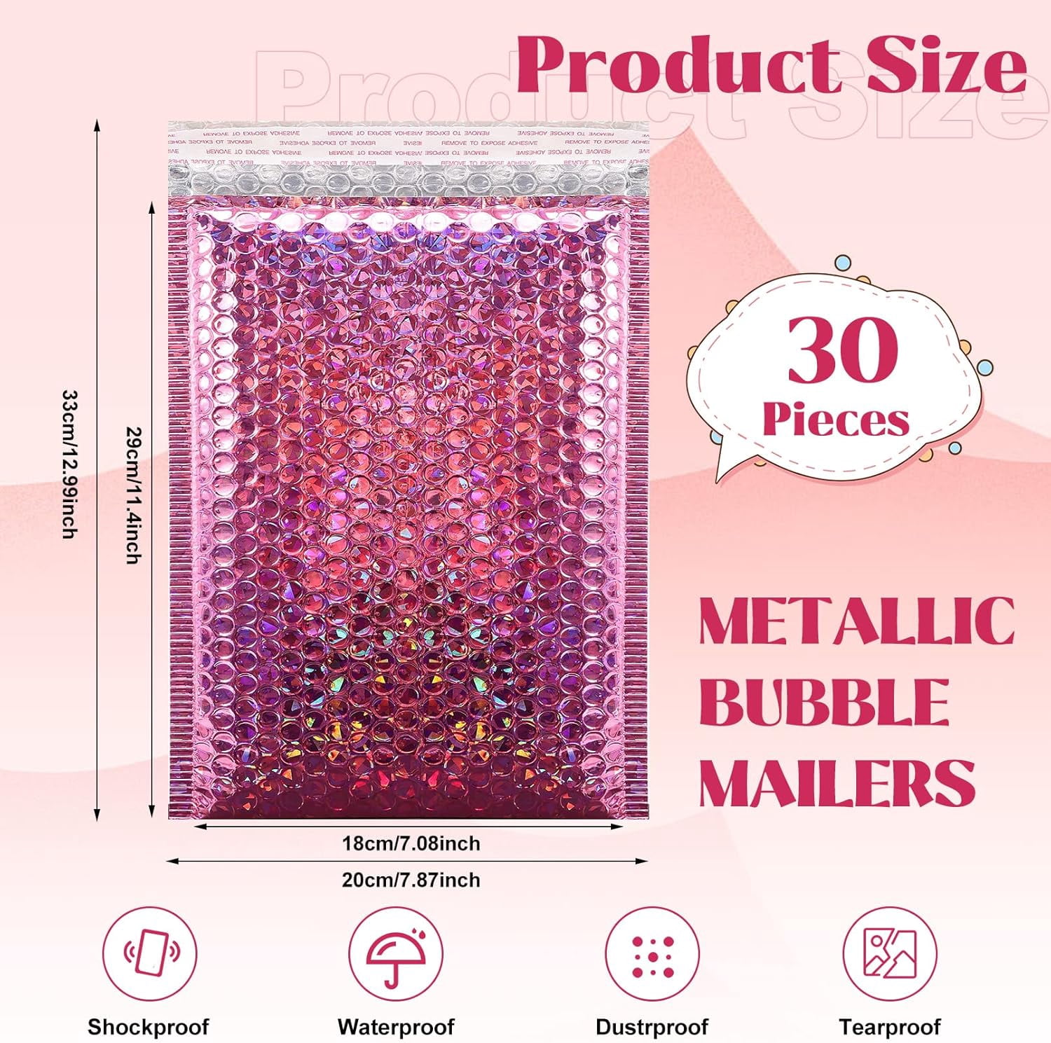 30 Pcs Holographic Bubble Mailers,11 x 7 Inch Metallic Bubble Mailers,Poly Padded Envelopes,Waterproof Shipping Bags,Self Sealing Thicken Cushion Envelopes for Mailing,Packing,Small Business