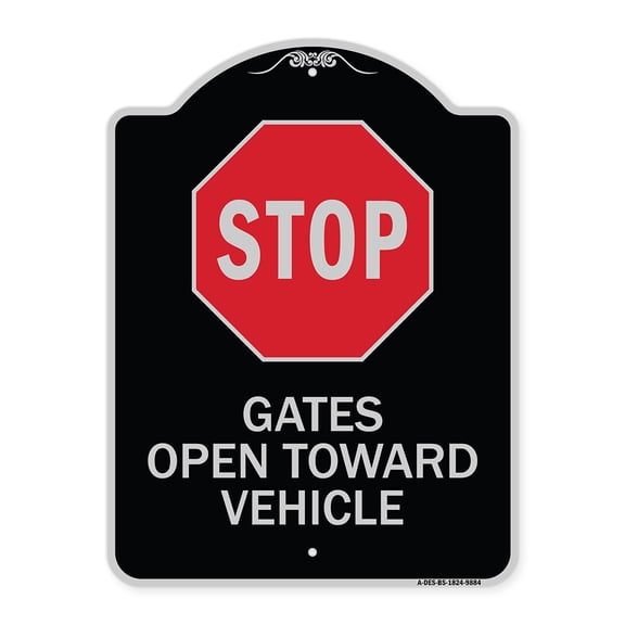 SignMission Designer Series Sign - Stop, Gates Open Toward Vehicle | Black & Silver 18" X 24" Heavy-Gauge Aluminum Architectural Sign | Protect Your Business & Municipality | Made in