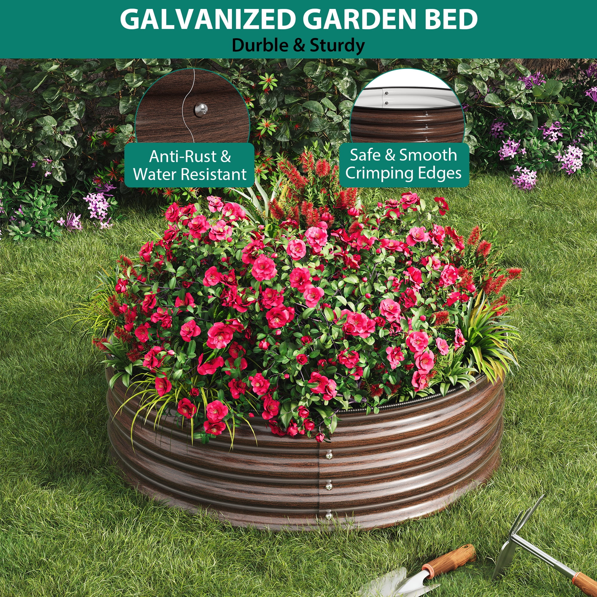 Modern Round Metal Garden Planters – 1-Pack Decorative Flower Pots with Galvanized Steel Finish, Easy Setup, Rubber Safety Edges for Indoor & Outdoor Use