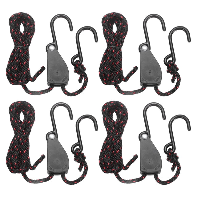Uxcell 4 Pairs 1/4" Adjustable Rope Hanger, 7.87ft(2.4 Meter) Heavy Duty Ratchet Tie Down Strap with S Hooks for Hanging Plants, Grow Light and Various Tie-Down Uses, Black/Red