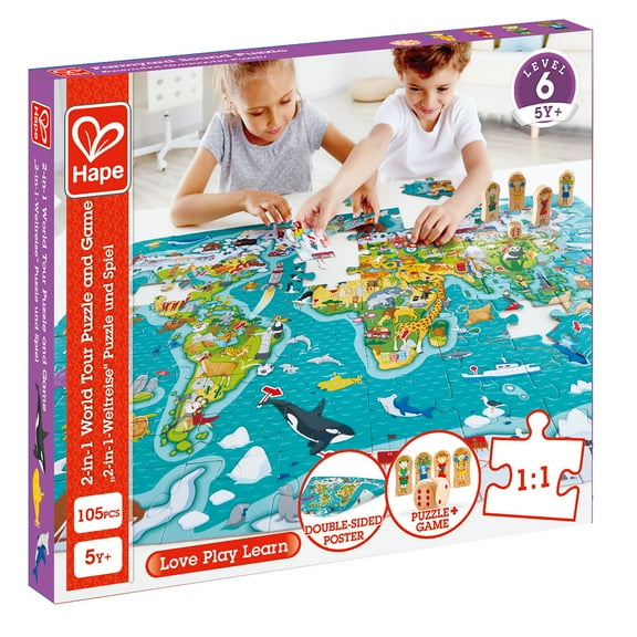 Hape: 2-In-1 World Tour Puzzle & Game - 105pc, Oversized Double-Sided Poster, Observation Puzzle & Race Around The Game, Learning Toy, Kids Ages 5 