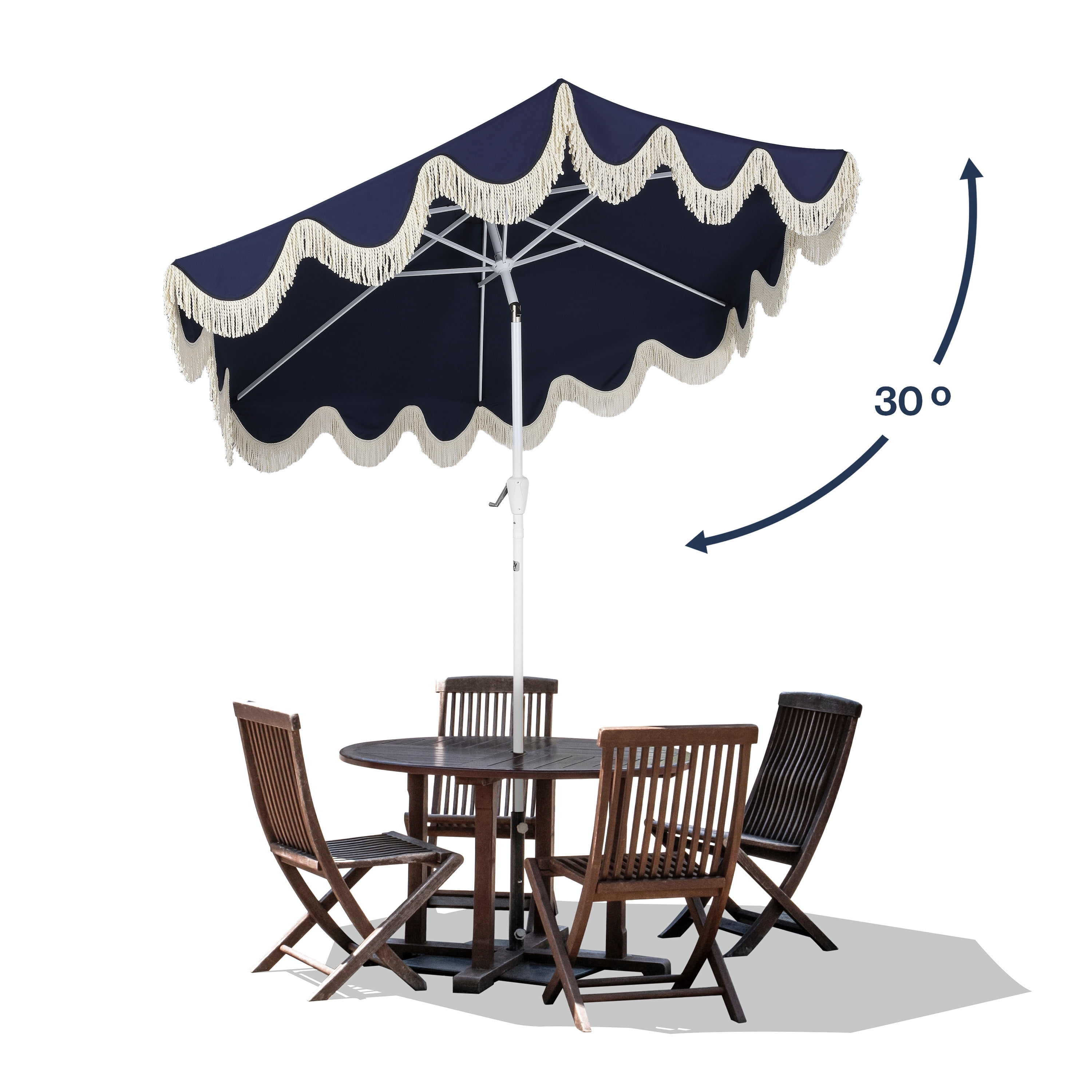 JONATHAN Y Collins 9 ft. Market Patio Umbrella, Classic Cottage Fringe Tassel, with Auto-Tilt Crank, Wind Vent and UV Protection, Navy/Cream, White Pole