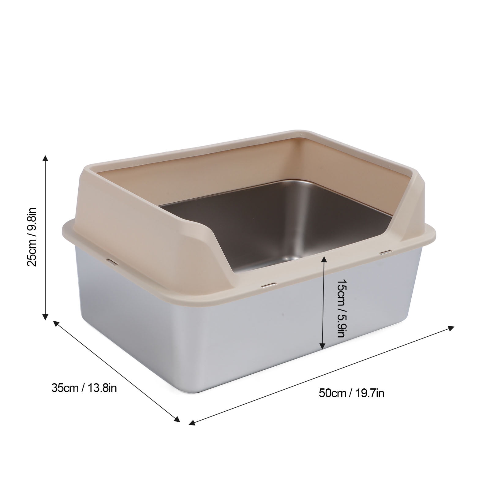 YAHHU Stainless Steel Cat Litter Box Anti Splashing Top Entry Large Kitty Pan with Scoop, High Sided Metal Potty Tray for Big Cats, 20.08 inches / 51 cm, Khaki