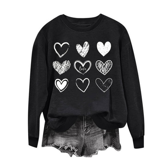 Erwazi Valentine Shirts for Women Love Heart Printed Valentines Sweatshirt Long Sleeve Crewneck Pullover Sweatshirts Tops