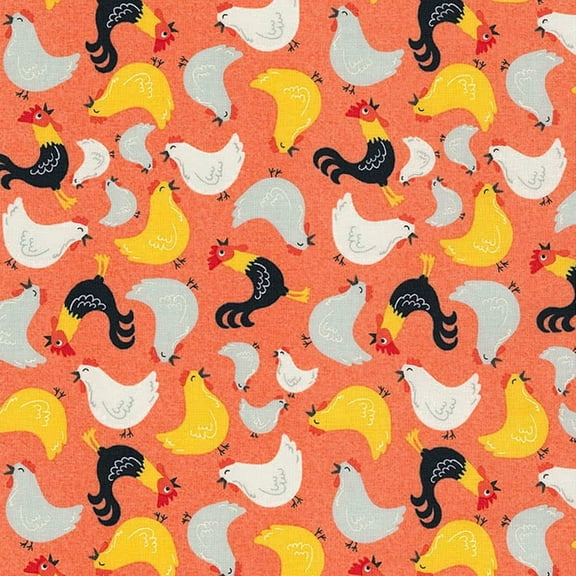 Timeless Treasures Fabrics Farm Fun Tossed Roosters Coral 100% Cotton Fabric sold by the yard