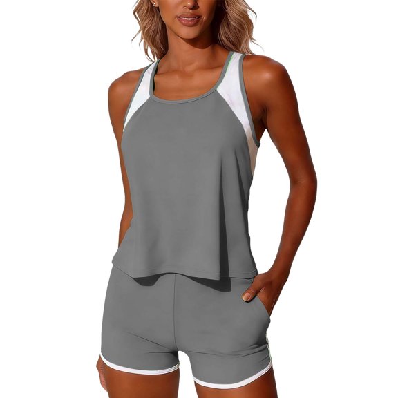 Bosfbaoi 3-Piece Swimsuit for Women Athletic Tankini Womens Swimsuits Contrast Trim Racerback Tank Top Sports Bra High-Waisted Shorts