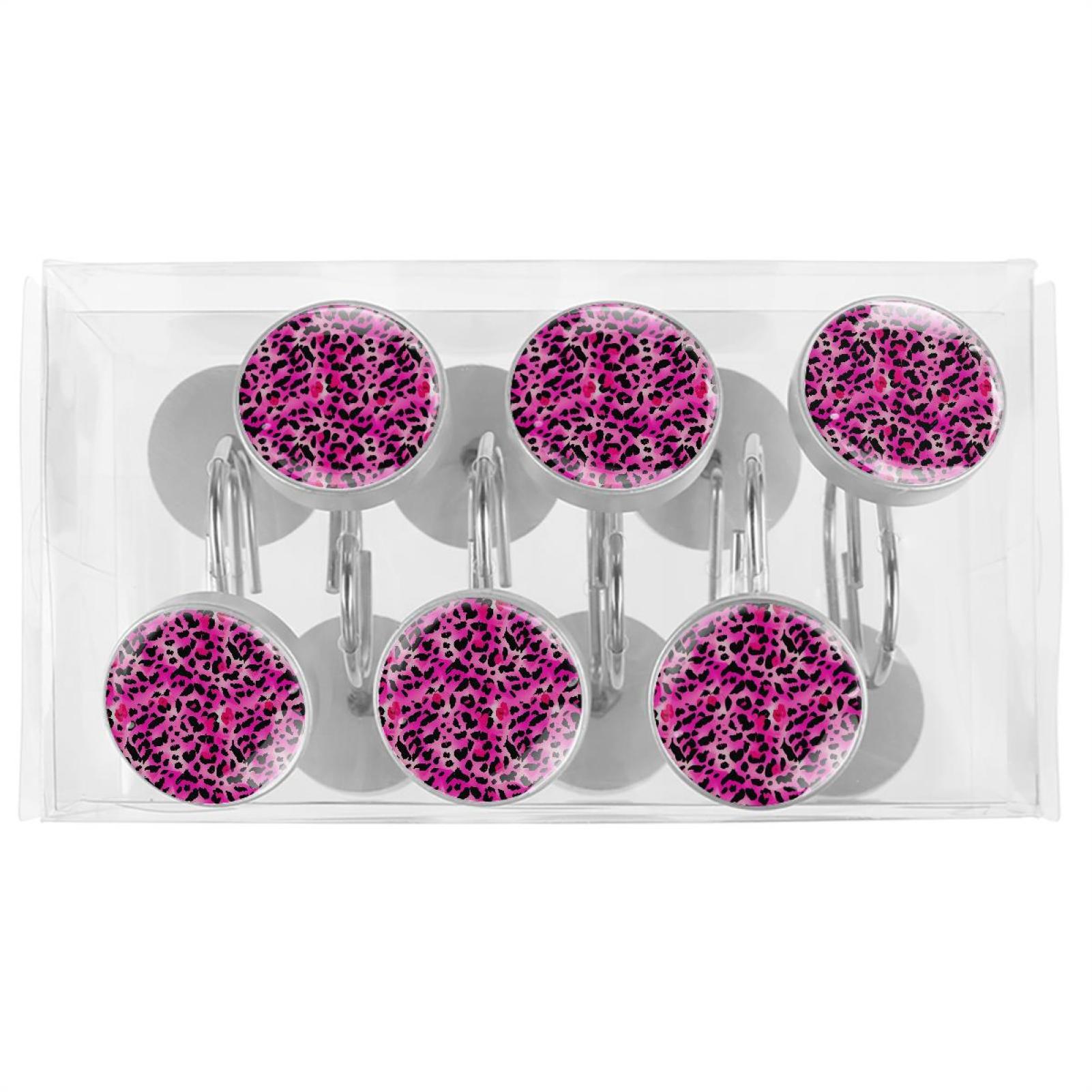 HemaKayy 12 Pcs Shower Curtain Hooks Bathroom Decorative Accessories Pink Kiss Leopard Pattern