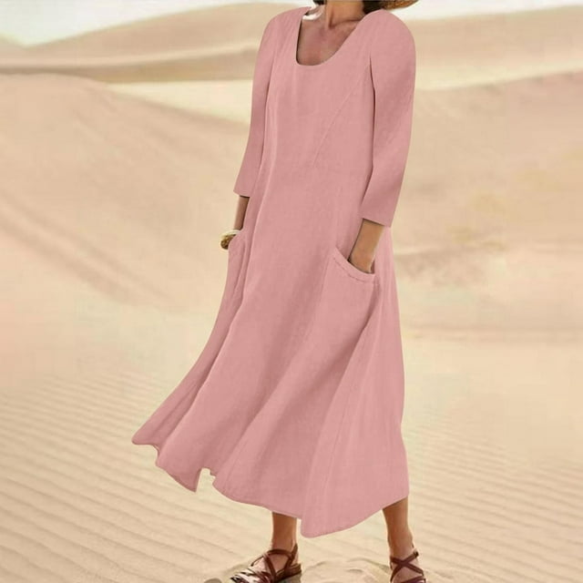 Robes de Printemps pour Femmes Robe d'Été 2023 Décontractée Mode Coton Uni et Manches Courtes Mi-Longue