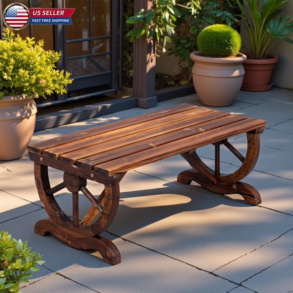 Hassch 2-Person Rustic Farmhouse Garden Bench with Wagon Wheel Legs, 38.6" Backless Outdoor Bench in Burnt Brown Finish, 660 lbs Load Capacity, Weather-Resistant for Patio or Yard Decor