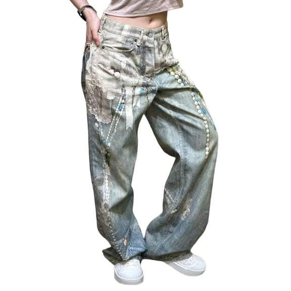 Women Mid Rise Wide Leg Jeans Baggy Floral Pants Denim Print Boho Palazzo Jeans Boyfriend NZ-N7041 Blue S