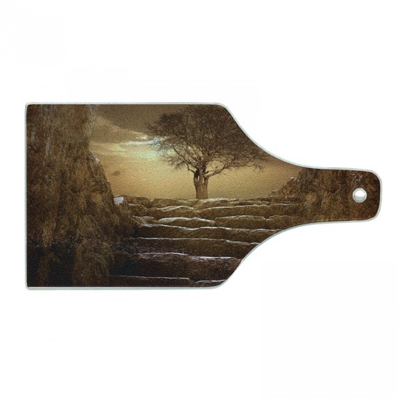 Tree Cutting Board, Treet Entrance with Stone Stairs Sun Rays Cloudy Sky Winter Landscape Monochromic View, Decorative Tempered Glass Cutting and Serving Board, Wine Bottle Shape, Brown, by Ambesonne