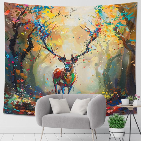 Generic Deer Tapestry Oil Painting Nature Colorful Jungle Graffiti Farmhouse Animal Green Brown Polyester Backdrop Decorative Ceiling Headboard Bedroom Couch Club Tapestry One Piece 60x40 Inch