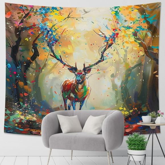 Generic Deer Tapestry Oil Painting Nature Colorful Jungle Graffiti Farmhouse Animal Green Brown Polyester Backdrop Decorative Ceiling Headboard Bedroom Couch Club Tapestry One Piece 60x40 Inch