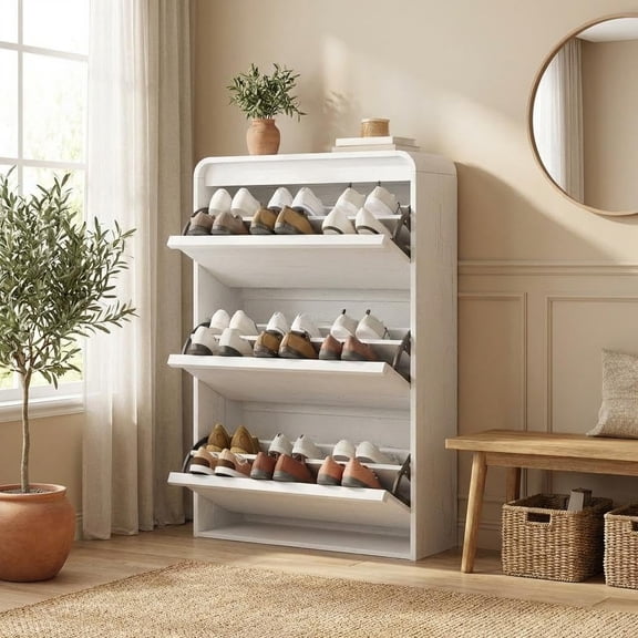 Shoe Cabinet with 3 Flip Drawers, Wooden Shoe Cabinet with Adjustable Shelf, Shoe Storage for Entryway, Hidden Shoe Cabinet for Hallway, Living Room, White