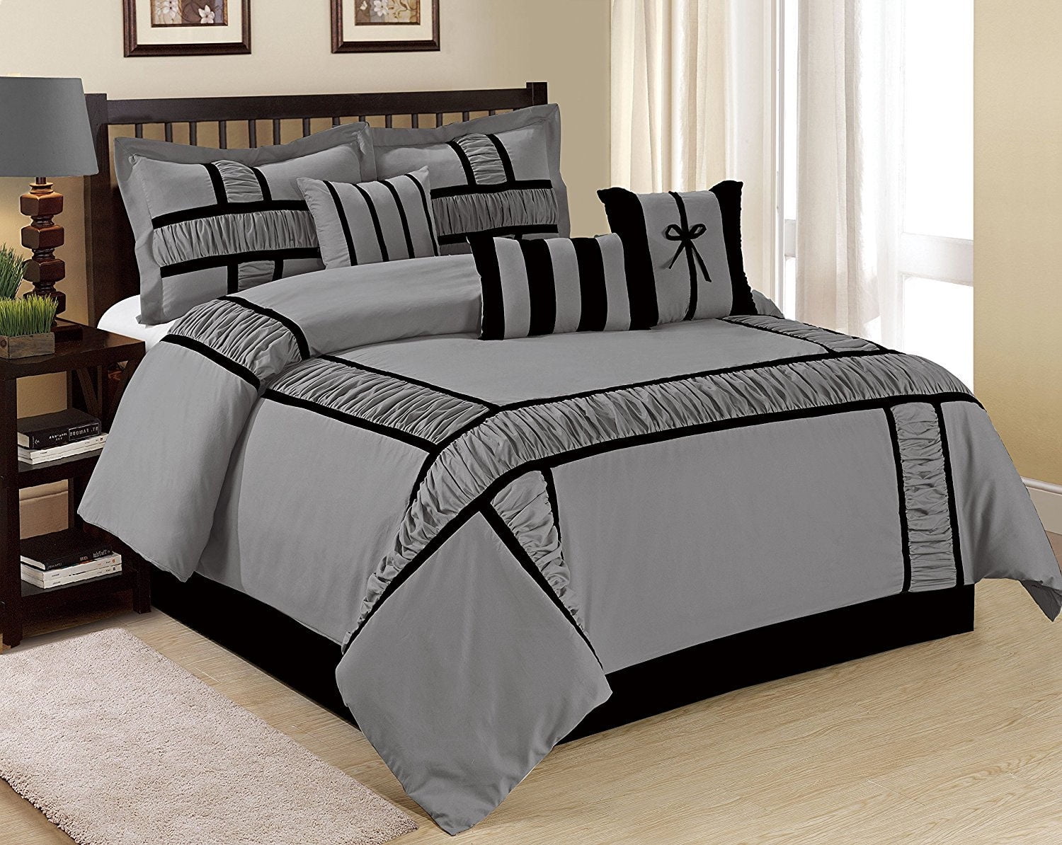 Purple Gray Grey Ruffled Ruched Stripe 7 pc Comforter Set Queen Cal King Bedding 