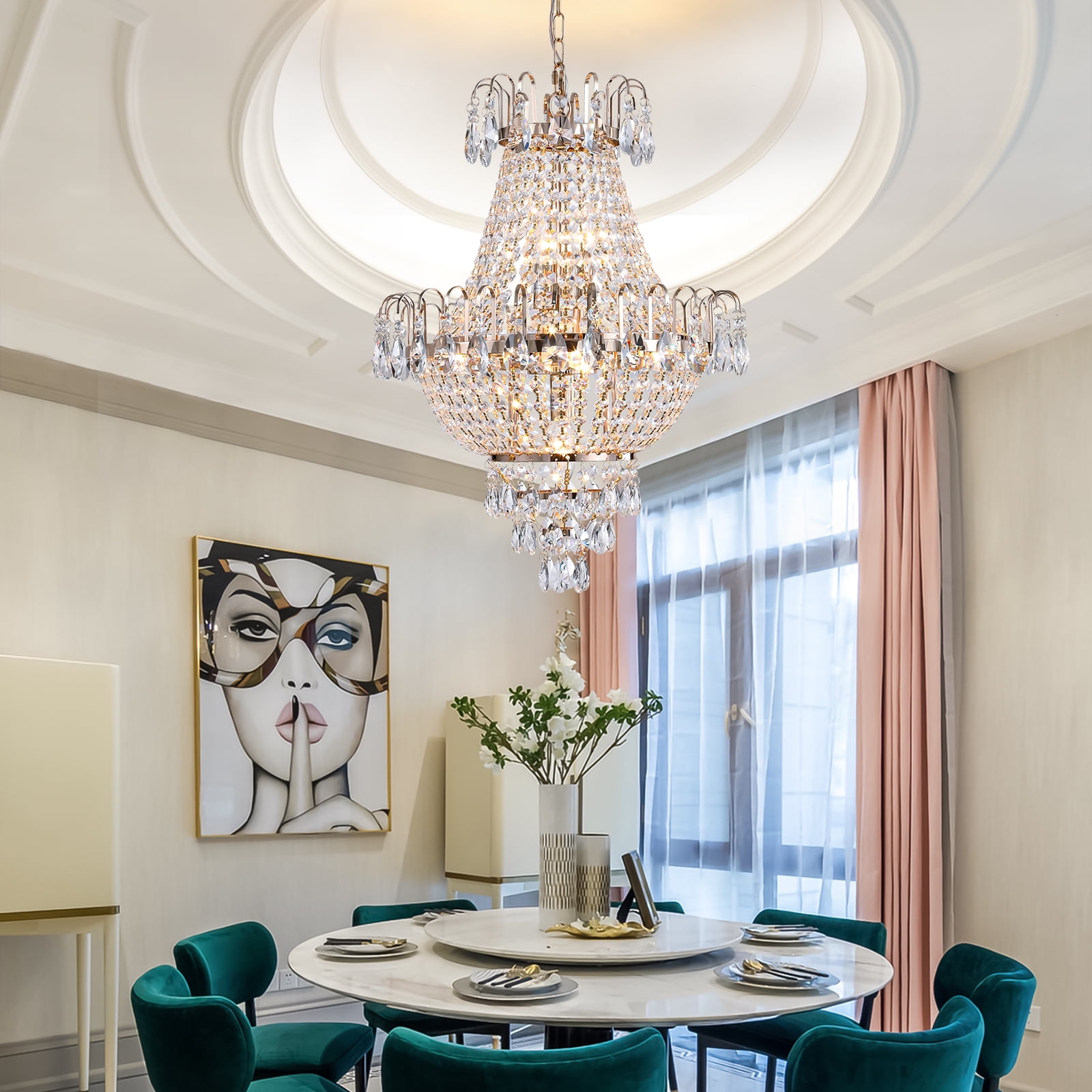 Crystal Chandelier 16.9'' 10-Light Pendant Light in French Gold Finish, Traditional Hanging Light Fixture with K9 Crystals and Adjustable Chain for Dining Room FoyerHigh Ceilings