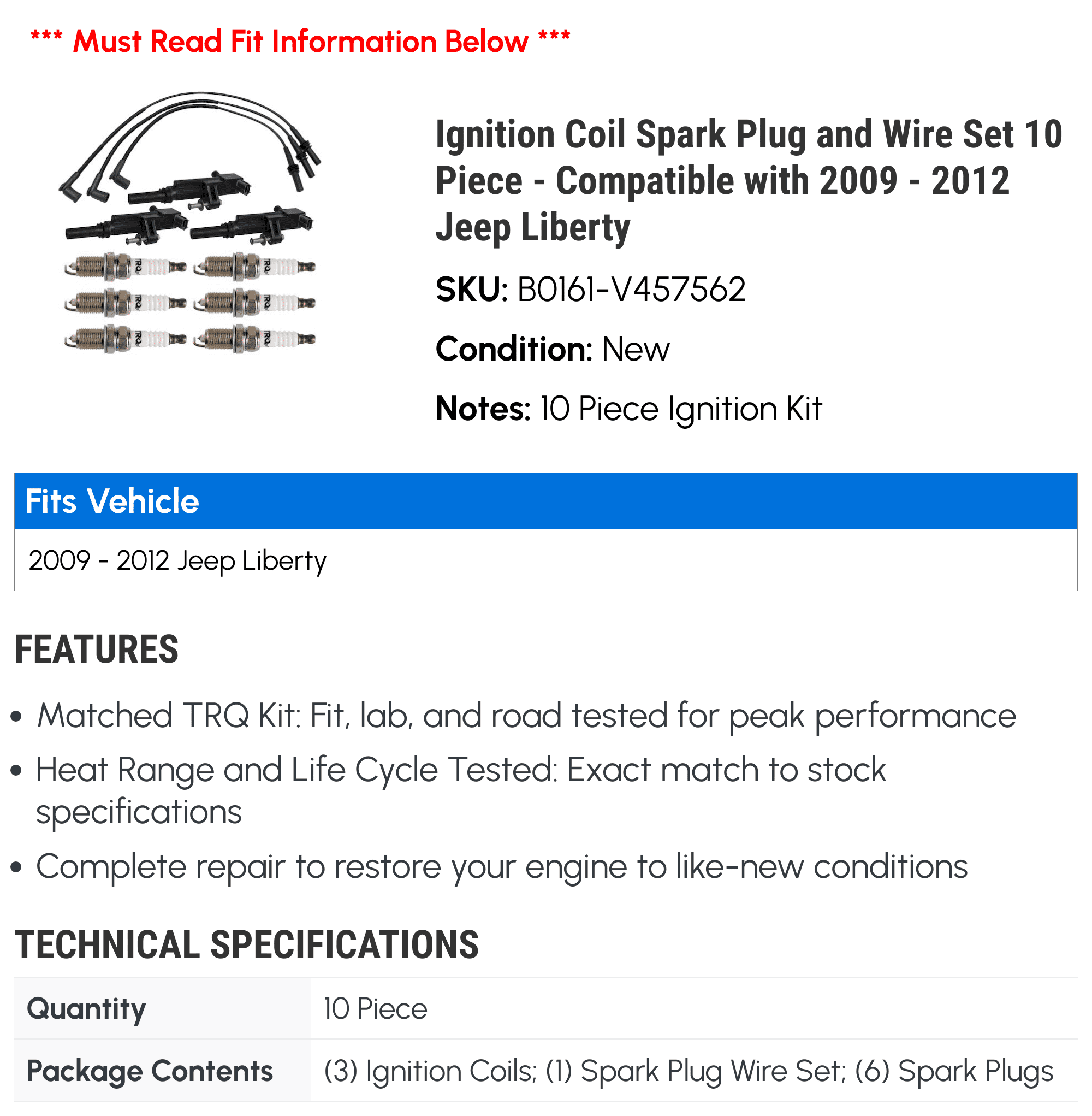 Ignition Coil Spark Plug and Wire Set 10 Piece - Compatible with 2009 - 2012 Jeep Liberty 2010 2011