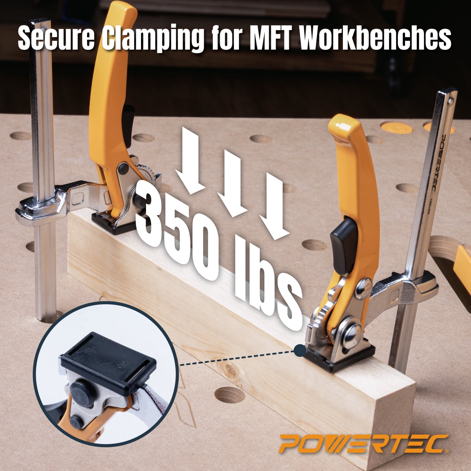 POWERTEC 71545 Quick Release Ratcheting Table Clamp for MFT and Guide Rail System, 7" Capacity x 2-3/8” Throat Depth, 3PK