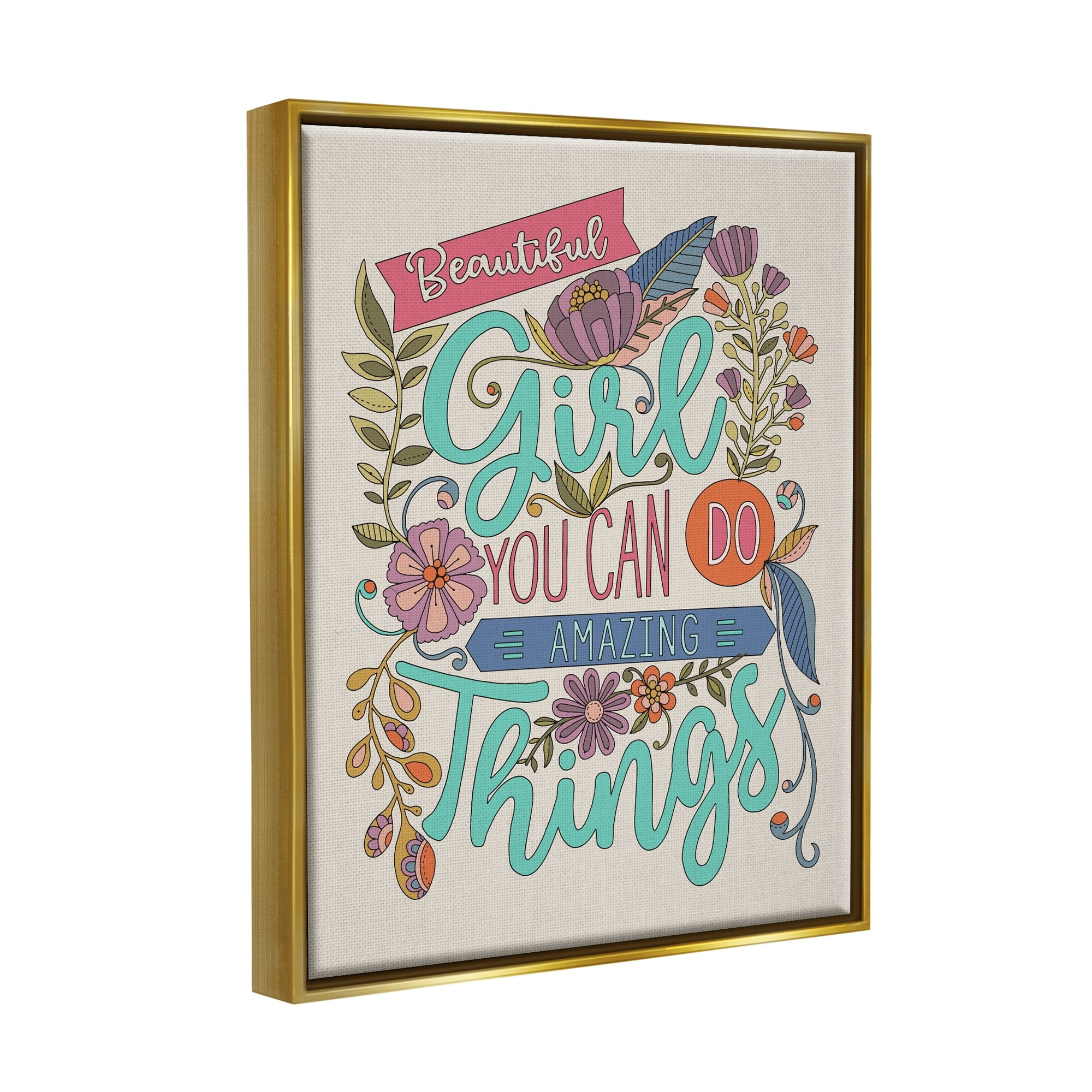 Stupell Industries Girl Power Fun Motivational Intricate Floral Pattern Graphic Art Metallic Gold Floating Framed Canvas Print Wall Art, Design by Valentina Harper