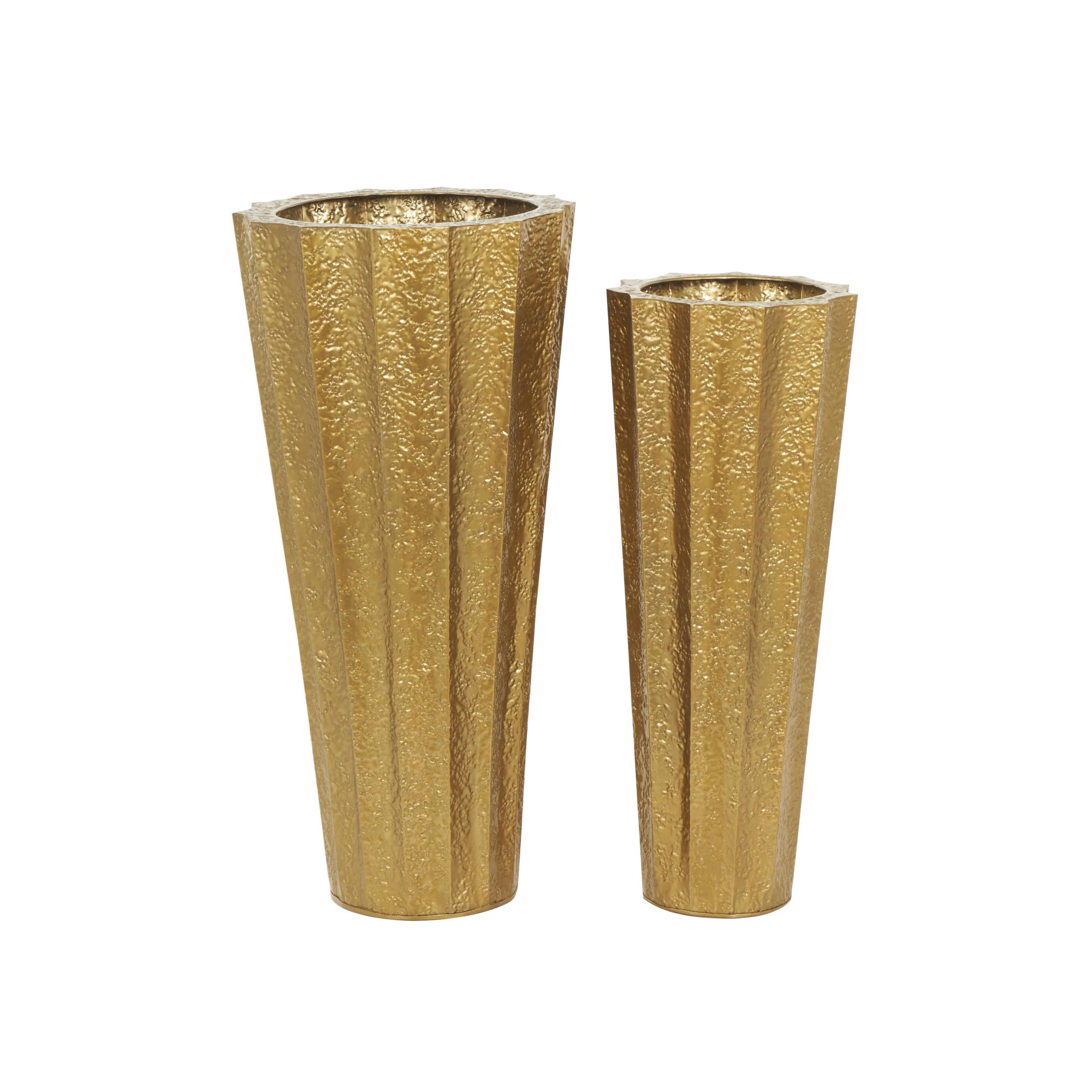 DecMode 33", 30"H Tall Textured Hammered Floor Gold Metal Vase, Set of 2