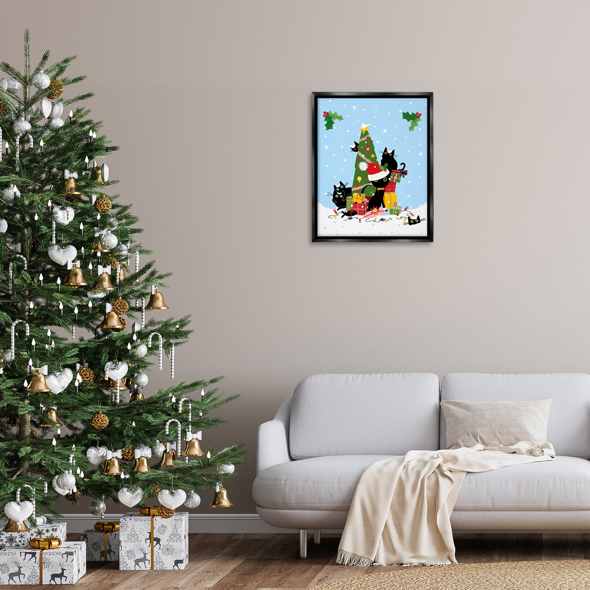 Stupell Industries Silly Cats in Christmas Tree Holiday Painting Black Floater Framed Canvas Art Prints Wall Art, 25 x 31