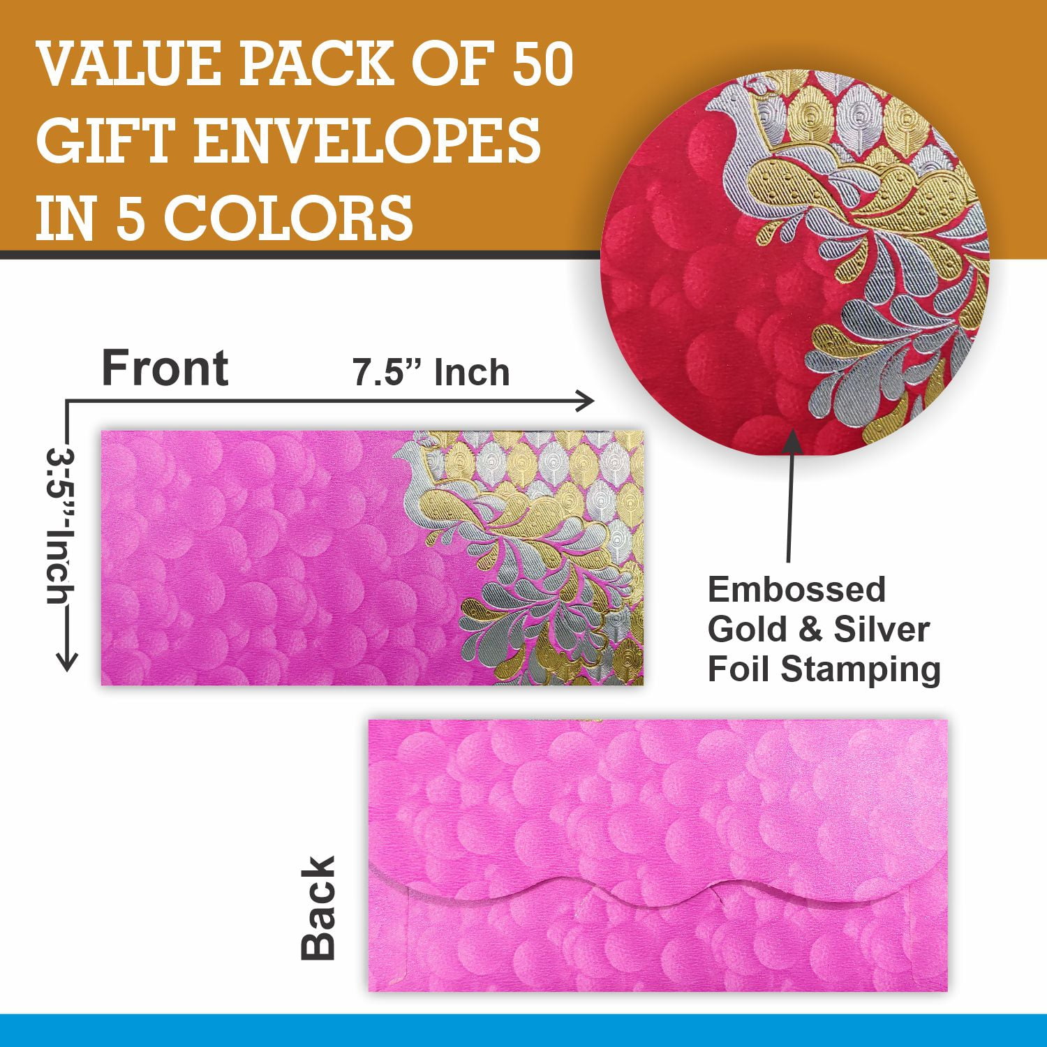 PARTH IMPEX Shagun Gift Envelope for Cash (Pack of 50) 7.5" x 3.5" Peacock Feather Gold Silver Foil Stamping Assorted Color Money Holder Card for Christmas Diwali Birthday Wedding Graduation