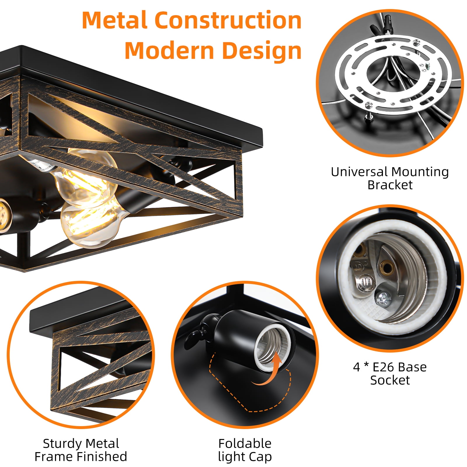 2 Pack Flush Mount Ceiling Light, Modern Farmhouse Light Fixture,Industrial Square Metal Cage Ceiling Light for Kitchen, Hallway E26 Base(13in)