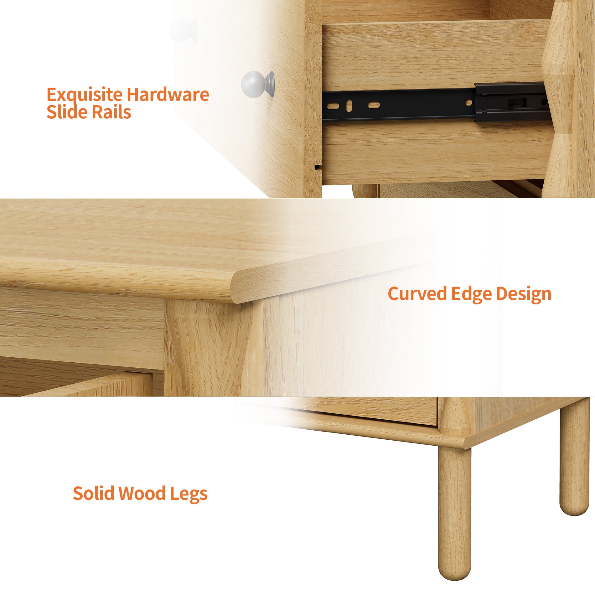 PRE-ASSEMBLED Drawer Glides & Anti-Tip Kit 3 Drawer Dresser for Bedroom，Oak