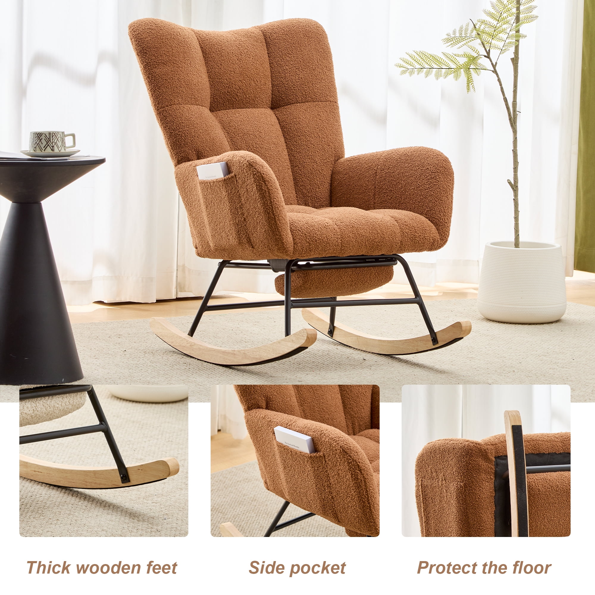 Hforesty Nursery Rocking Chair Teddy Upholstered Glider Rocker，Comfy Armchair with retractable footrest for Living Room & Nursery,BROWN