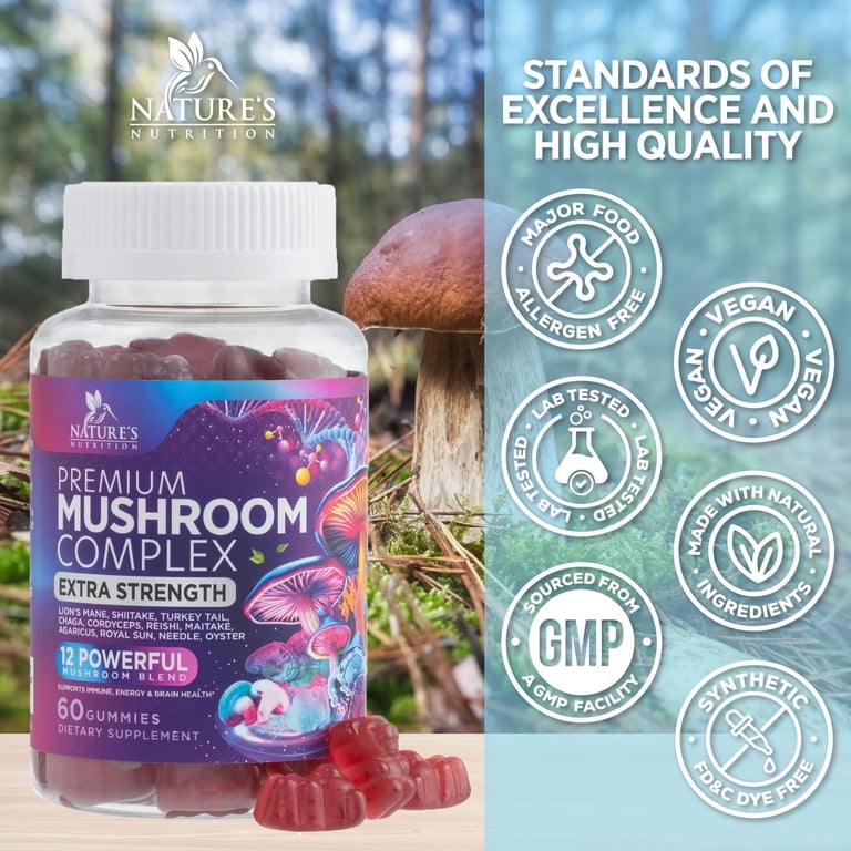 Nature's Nutrition Mushroom Gummies, 12-in-1 Complex, Lion's Mane, Reishi, Chaga, Immune, Brain, Energy Support